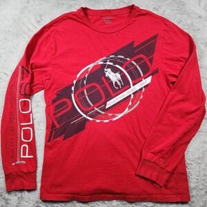 Polo Ralph Lauren Shirt Mens Medium Red Long Sleeve Big Pony Geometric Sports